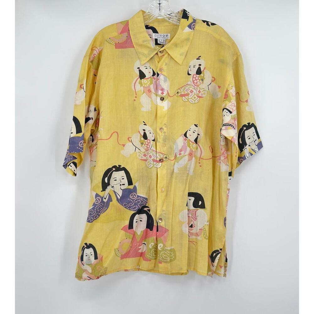 Citron Mens Yellow Asian Print Linen Collared Short Sleeve Button Up Shirt Sz M